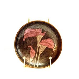 Vintage Indian Enamel Brass Trinket Dish Floral Pink Flowers Decorative Accent